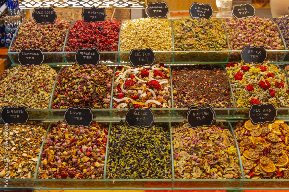 Dry Fruits Tea Variety Mix at Shelf Spice Market in Turkey Dry Fruits Tea Variety Mix at Shelf Spice Market in Turkey