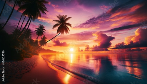 Idyllic scene capturing the tranquil beauty of a tropical beach at sunset. The sky is painted in vibrant hues of orange, pink, and purple, with the sun partially hidden behind the horizon. 