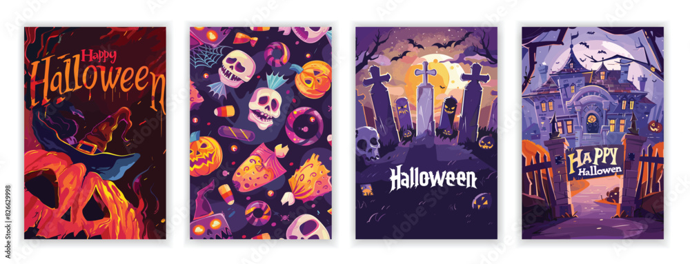 Obraz premium Set of 4 Halloween Party Poster Set with Spooky Mansion, Graveyard, Candies, and Pumpkins. Horror Night Art Covers for October 31 Holiday Evening Promotions. Typography and Illustrations for EPS Print