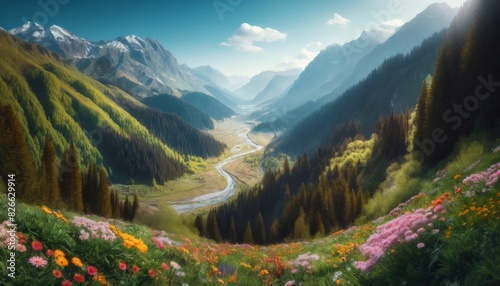 A panoramic view of a mountain range during springtime. The mountains are covered in lush greenery and vibrant wildflowers, with a clear blue sky overhead. A winding river cuts through the valley.