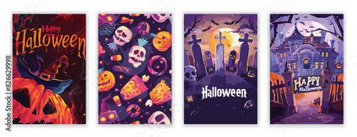 Set of 4 Halloween Party Poster Set with Spooky Mansion, Graveyard, Candies, and Pumpkins. Horror Night Art Covers for October 31 Holiday Evening Promotions. Typography and Illustrations for EPS Print