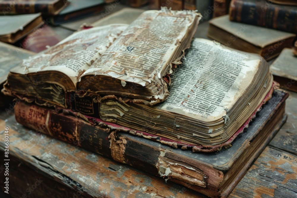 Weathered old books with tattered pages open on a rustic wooden surface ...