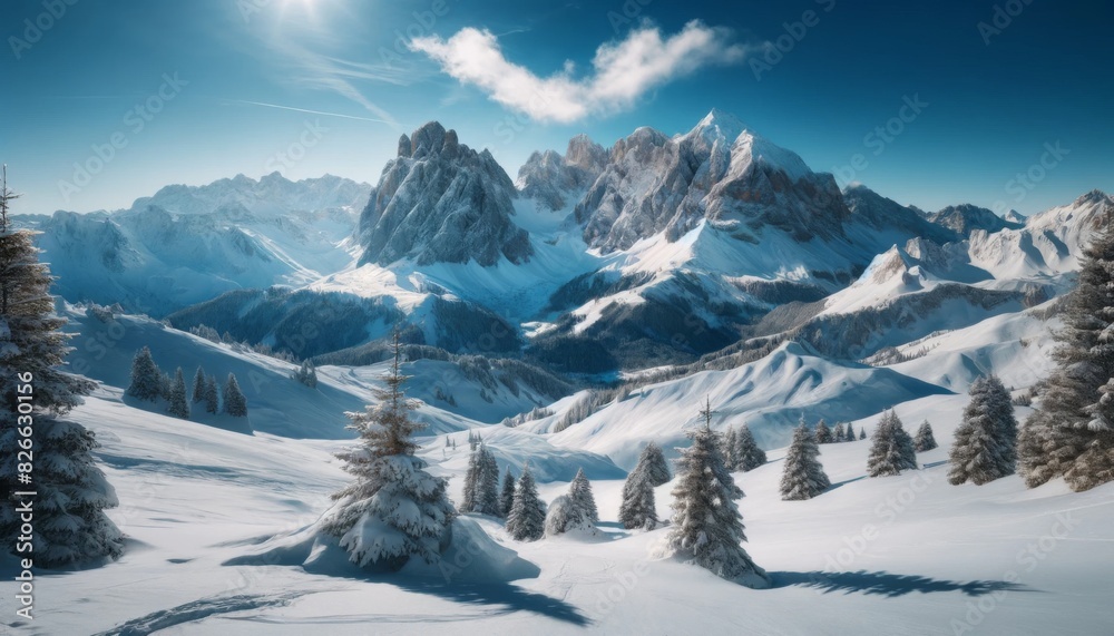 Snow-capped mountains in winter, capturing the breathtaking view and tranquility of a winter wonderland.