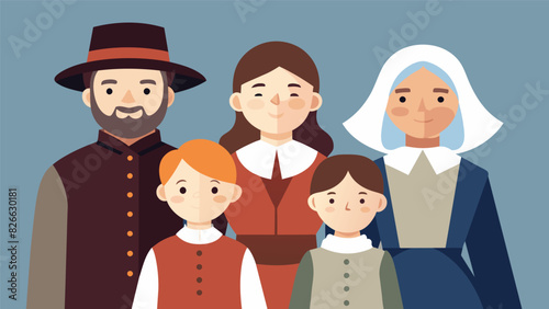 A family clad in colonialstyle clothing representing the Puritans who came to America for religious freedom.. Vector illustration photo
