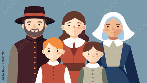 A family clad in colonialstyle clothing representing the Puritans who came to America for religious freedom.. Vector illustration