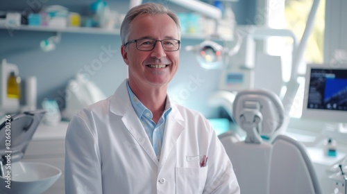 Close-up portrait of a middle-aged dentist with a friendly smile