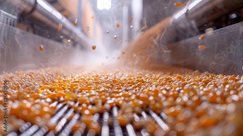 Corn kernels move swiftly on a conveyor system in an industrial food factory, being processed for packaging. photo