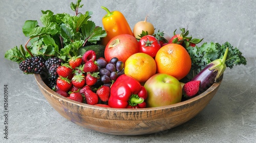 A wooden bowl filled with a variety of fresh fruits and vegetables  including apples  oranges  berries  peppers  and leafy greens on a grey background.