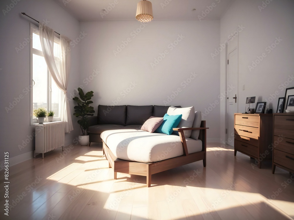 Modern and inviting living room flooded with natural light showcasing chic furnishings and minimalistic decorations Modern and inviting living room flooded with natural light showcasing chic furnishings and minimalistic decorations