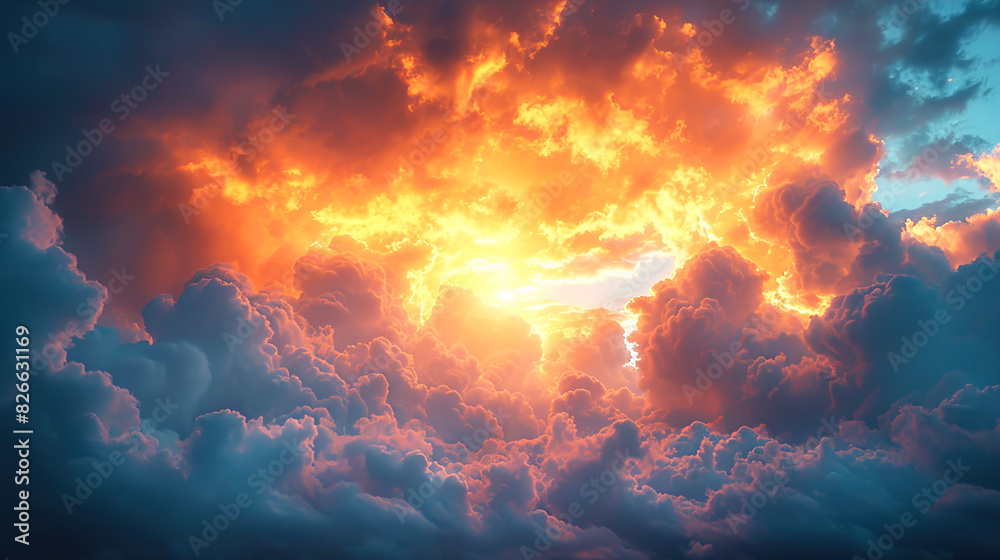 Mysterious background of sun breaking through the clouds in beautiful sky