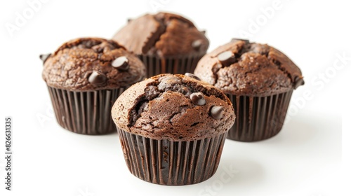 Freshly baked chocolate muffins on a white background