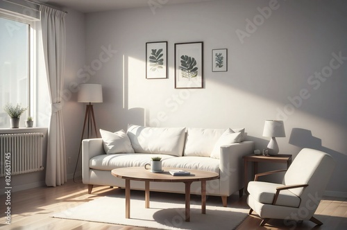 Morning sunlight bathing a minimalist living room with a white sofa  elegant decor  and framed botanical artwork