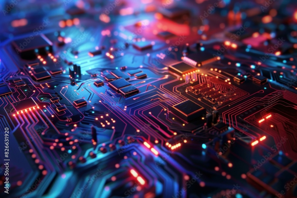 Obraz premium Vibrant image portraying an electronic circuit board with glowing blue and red pathways