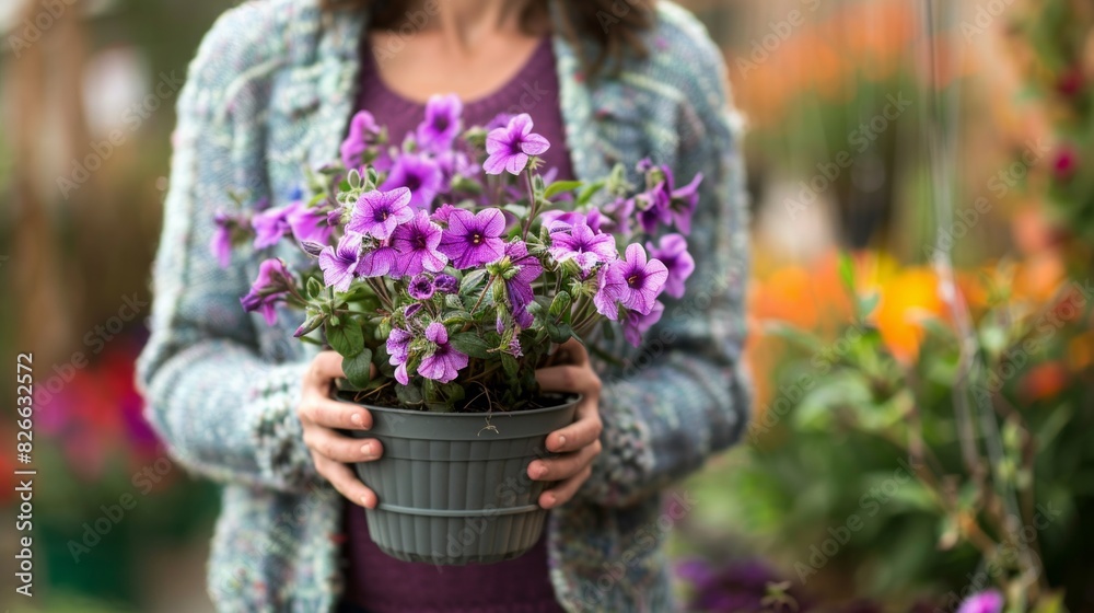Female gardener holding rectangle planter . Attractive girl holding potted violet petunias in garden.
