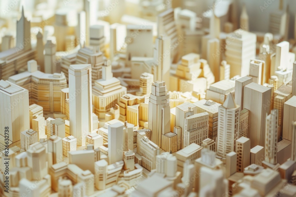 Closeup view of a detailed miniature city model basked in a soft, warm glow Closeup view of a detailed miniature city model basked in a soft, warm glow