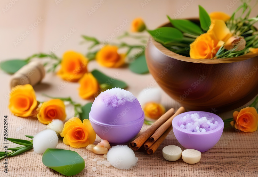 A photo of a bath with spa salts, flowers, and a bath bomb A photo of a bath with spa salts, flowers, and a bath bomb