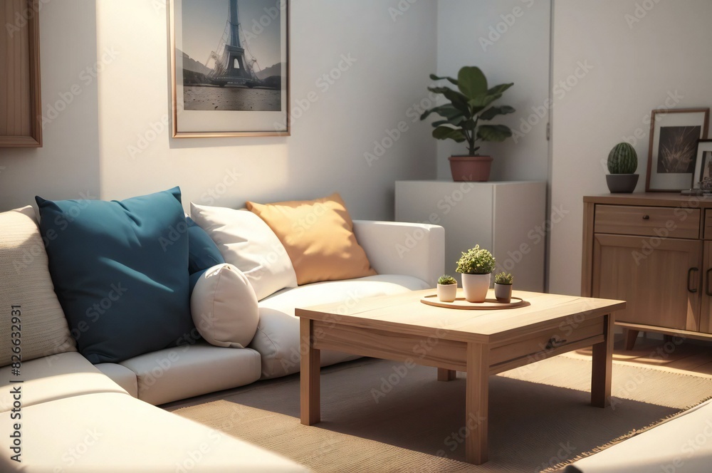 Naklejka premium Inviting living room with comfortable sofa, colorful pillows, wooden coffee table, plants, and art, illuminated by soft natural light