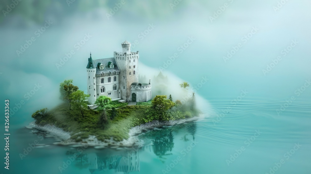 Fototapeta premium A soft fog envelops a white castle on a green island, hinting at the blue lake around.