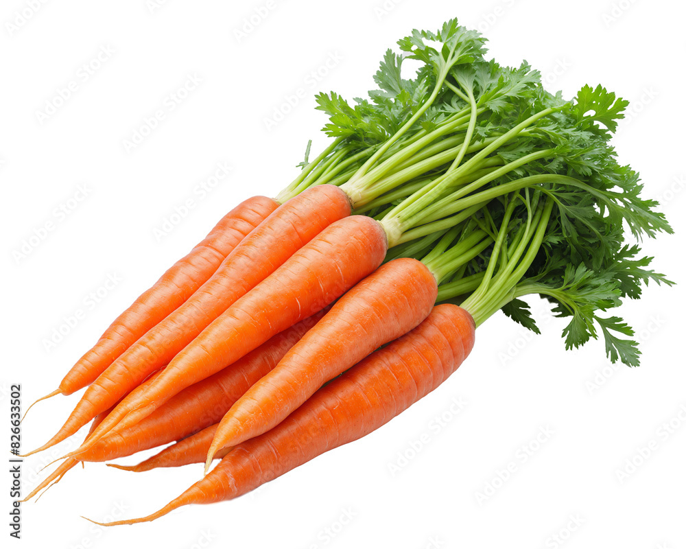 A bunch of fresh carrots with green tops. The carrots are vibrant orange, looking crisp and freshly harvested. Transparent background A bunch of fresh carrots with green tops. The carrots are vibrant orange, looking crisp and freshly harvested. Transparent background