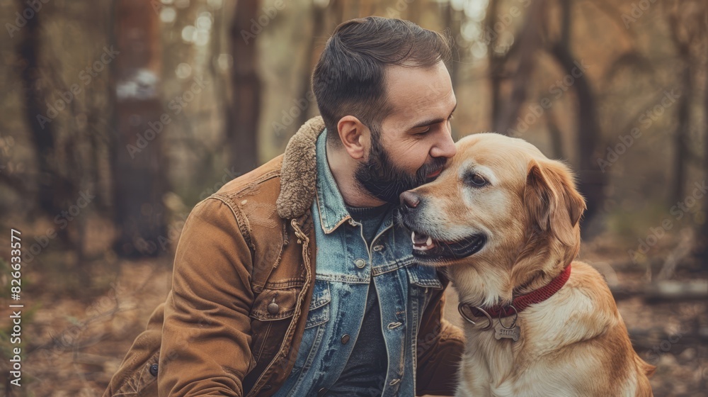 Photo of a man with his dog in an autumn forest, both looking content and surrounded by warm-colored leaves. Photo of a man with his dog in an autumn forest, both looking content and surrounded by warm-colored leaves.