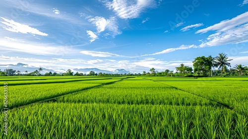 Lush Green Rice Field Under Blue Sky
