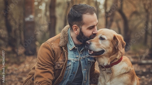 Photo of a man with his dog in an autumn forest, both looking content and surrounded by warm-colored leaves.