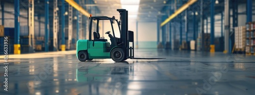 Green forklift in a large warehouse with empty space, high resolution photography, professional color grading, soft shadows, no contrast, clean sharp focus, digital photography using a