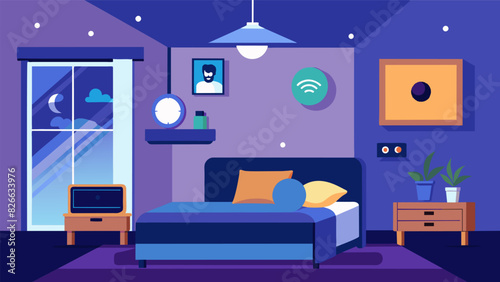 No need to worry about getting up to turn on the fan or adjust the thermostat as this smart bedroom has it covered with voiceactivated climate. Vector illustration