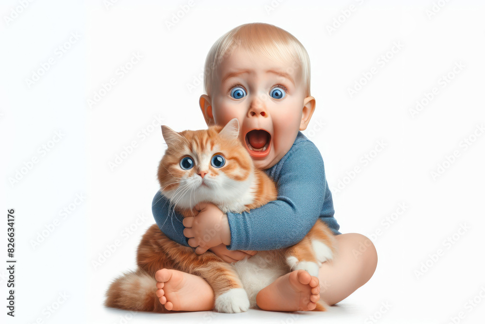 baby tightly hugging funny surprised home pet cat Isolated on white background baby tightly hugging funny surprised home pet cat Isolated on white background