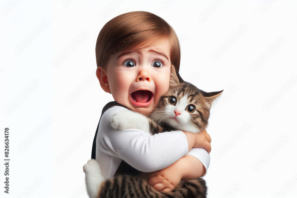 baby tightly hugging funny surprised home pet cat Isolated on white background baby tightly hugging funny surprised home pet cat Isolated on white background