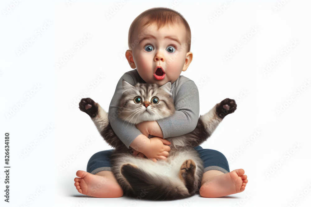 baby tightly hugging funny surprised home pet cat Isolated on white background baby tightly hugging funny surprised home pet cat Isolated on white background