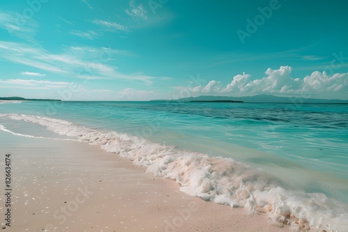 A pristine beach with clear blue water and white sand under a bright blue sky with fluffy clouds.