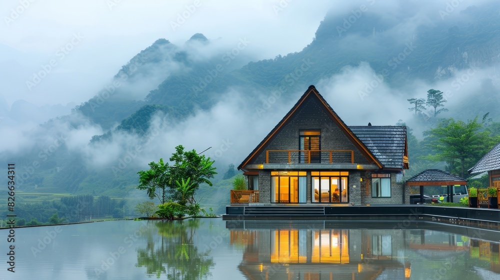 Photo of a modern lakeside cabin with large windows, reflecting on the calm water surrounded by evergreen trees. The image showcases a serene and picturesque setting, ideal for a getaway. Photo of a modern lakeside cabin with large windows, reflecting on the calm water surrounded by evergreen trees. The image showcases a serene and picturesque setting, ideal for a getaway.