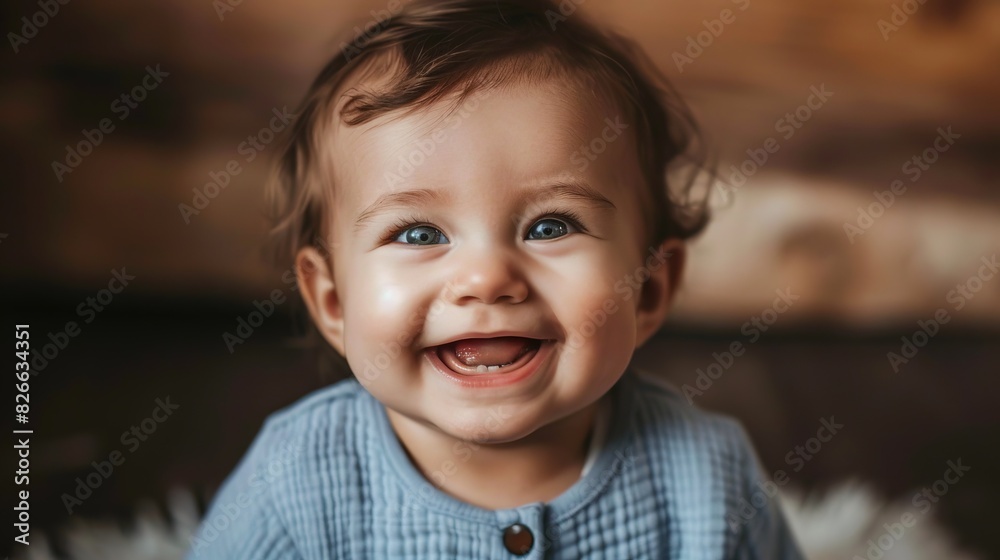 Smiling Baby with Bright Eyes. A close-up image of a happy baby with bright eyes and a big smile, wearing a light-colored outfit. Smiling Baby with Bright Eyes. A close-up image of a happy baby with bright eyes and a big smile, wearing a light-colored outfit.