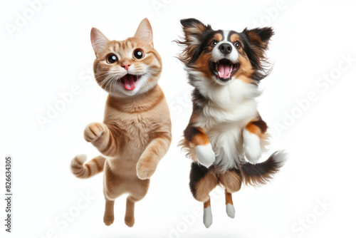 funny home pets dog and cat jumping Isolated on white background