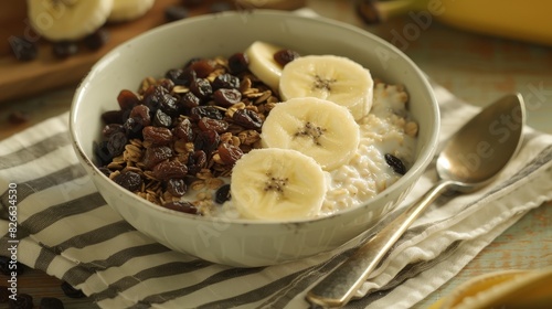 Photo of a bowl of yogurt topped with granola, banana slices, and raisins, with a fresh banana and a spoon beside it.