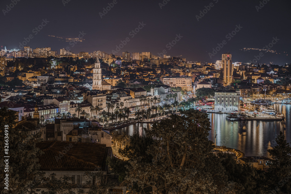 Vibrant Night Cityscape of Split seeing from Marjan hill viewpoint, Croatia