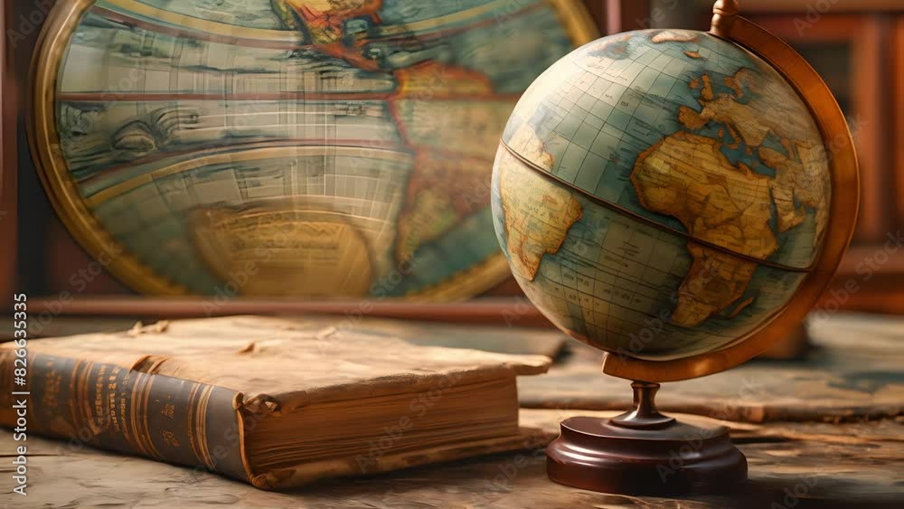 Geographical globe and book. Science, education, History, Geography, Ancient, Antique globe on the background of old map Geographical globe and book. Science, education, History, Geography, Ancient, Antique globe on the background of old map