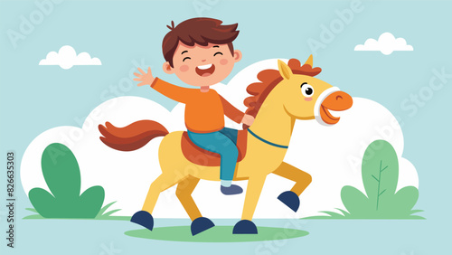 A young boy with ADHD is bouncing on a therapy ponys back laughing and releasing pentup energy while the horse calmly walks around a paddock.. Vector illustration