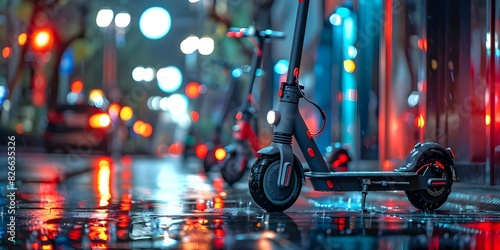 Electric scooters parked haphazardly on wet urban sidewalk at night. Concept Urban Transportation, Night Photography, Electric Scooters, Sidewalk Scenes, Wet Cityscape photo