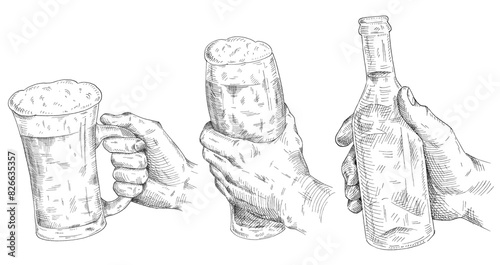 Male hand holding and clinking beer glass and bottle. Vintage vector black hatching illustration for web, poster, invitation to party. Isolated on white background.