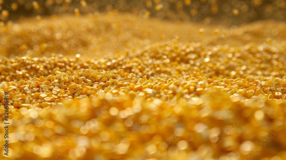 A close-up view of a large pile of harvested corn kernels, basking in the warm sunlight on an autumn afternoon. A close-up view of a large pile of harvested corn kernels, basking in the warm sunlight on an autumn afternoon.