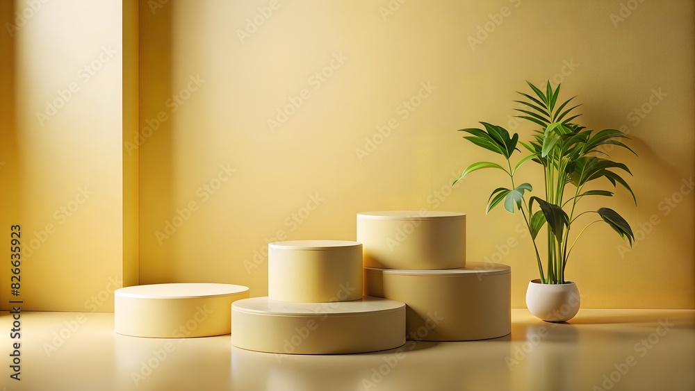 commercial photography, 8k, high-quality, studio shoot, natural light, Minimalist simple matte cylinder podium or pedestal display with a yellow pastel tone background for product presentation. 3D ren commercial photography, 8k, high-quality, studio shoot, natural light, Minimalist simple matte cylinder podium or pedestal display with a yellow pastel tone background for product presentation. 3D ren