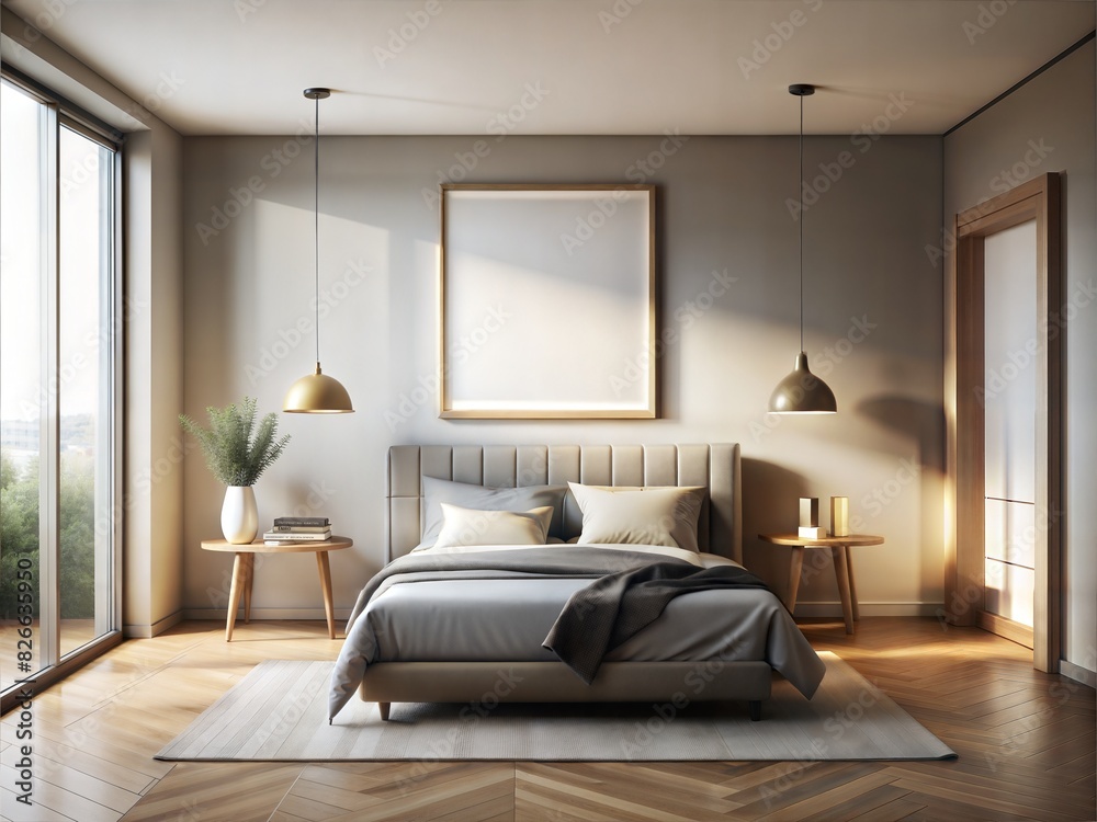 Frame mockup Bedroom A bedroom with a large bed, a white framed picture, and a window Frame mockup Bedroom A bedroom with a large bed, a white framed picture, and a window