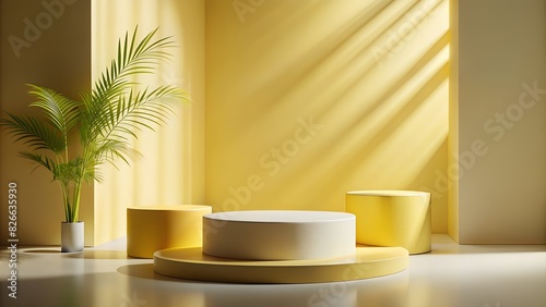 commercial photography, 8k, high-quality, studio shoot, natural light, Minimalist simple matte cylinder podium or pedestal display with a yellow pastel tone background for product presentation. 3D ren