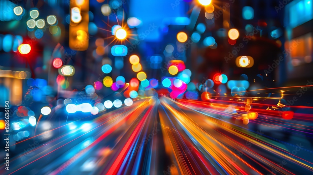 Blur light trail, vibrant streaks, night cityscape, close up, focus on, copy space, colorful and dynamic lights, Double exposure silhouette with busy street Blur light trail, vibrant streaks, night cityscape, close up, focus on, copy space, colorful and dynamic lights, Double exposure silhouette with busy street