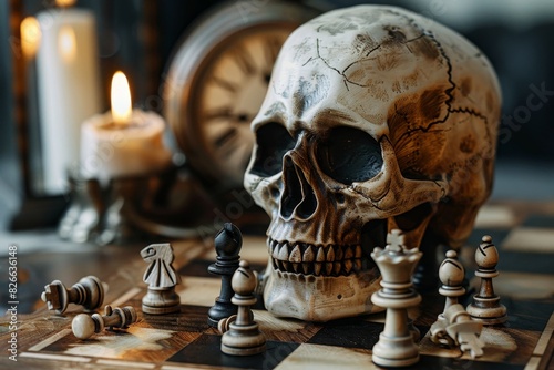 Intense Chess Game with Grim Reaper in Candlelit Room, Strategic Moves in Life's Final Challenge, Ticking Clock Adding Pressure.
