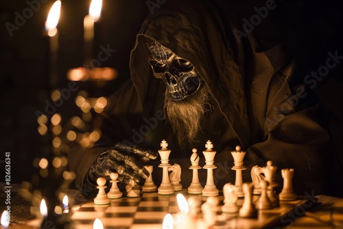 Intense Chess Game with the Grim Reaper in a Candlelit Room, Symbolizing Life's Gambit and Strategic Moves in the Final Challenge. photo