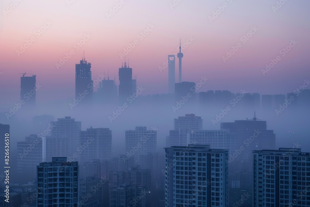 Urban Skyline Enveloped in PM 2.5 Haze with Health Warning Alerts, Obscuring Towering Buildings at Muted Sunrise. Urban Skyline Enveloped in PM 2.5 Haze with Health Warning Alerts, Obscuring Towering Buildings at Muted Sunrise.