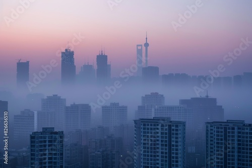 Urban Skyline Enveloped in PM 2.5 Haze with Health Warning Alerts  Obscuring Towering Buildings at Muted Sunrise.